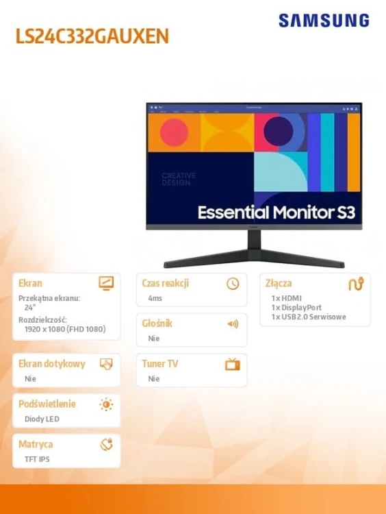 Samsung Monitor  24 cale LS24C332GAUXEN IPS 1920x1080 FHD 16:9 1xHDMI 1xDP 4ms(GT) 100Hz płaski 2 lata d2d