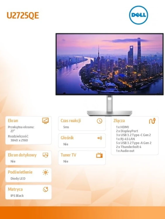Dell Monitor U2725QE 27 cali IPS Black LED 4K(3840x2160)/16:9/Thunderbolt/HDMI/DP/USB-C/USB/RJ-45/3Y