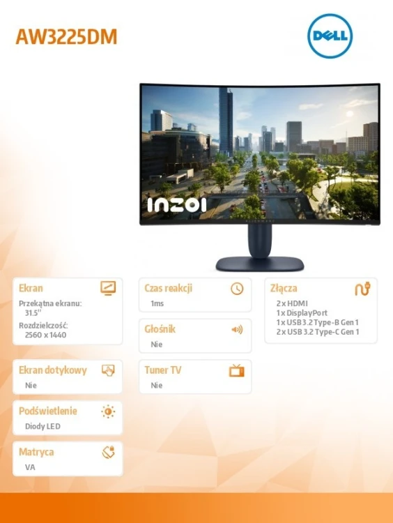 Dell Monitor AW3225DM 31.6 cala Curved NVIDIA G-Sync Compatible 180Hz  VA  QHD (3440x1440)/16:9/DP/2xHDMI/3xUSB 3.2/3Y AES&PPE