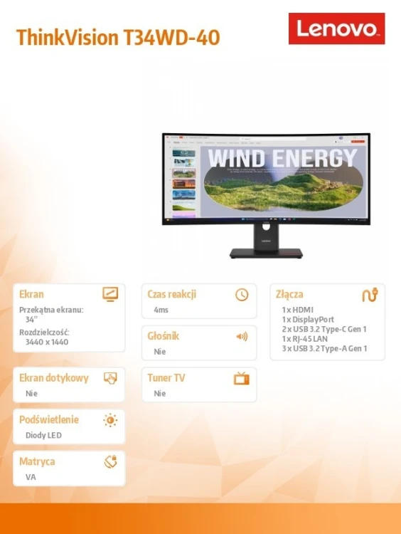Lenovo Monitor 34 cale ThinkVision T34WD-40 64AEZAT1EU