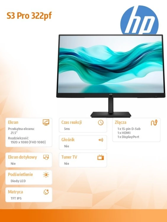 HP Inc. Monitor 21.5 cala S3 Pro 322pf FHD MNTR 9U5B0UT#ABB