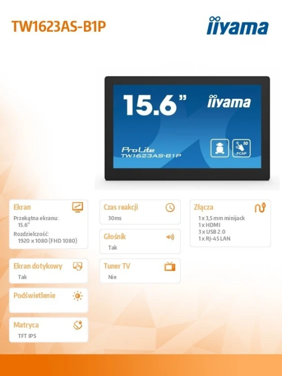 IIYAMA Monitor 16 cali TW1623AS-B3P,10P.DOT.IPS,ANDROID13,WIFI,24/7,RJ45, HDMI,3xUSB,CMS (iiSignage2)