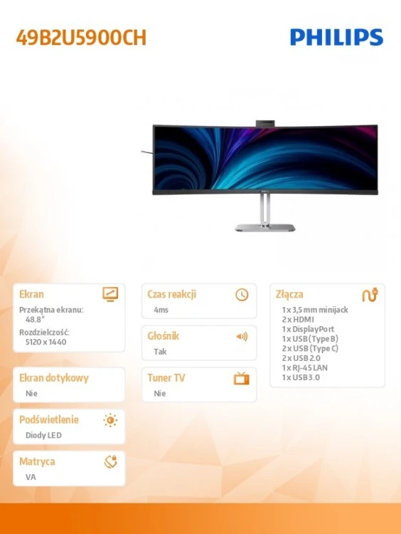 Philips Monitor 49B2U5900CH 49 cali Curved VA HDMIx2 DP USB-C RJ45 KVM HAS Kamera Głośniki
