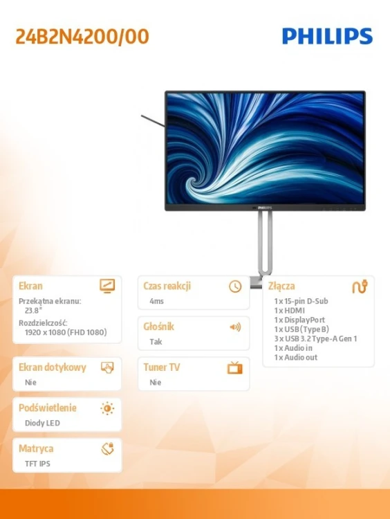 Philips Monitor 24B2N4200 23.8 cala IPS 120Hz HDMI DP VGA Pivot Głośniki