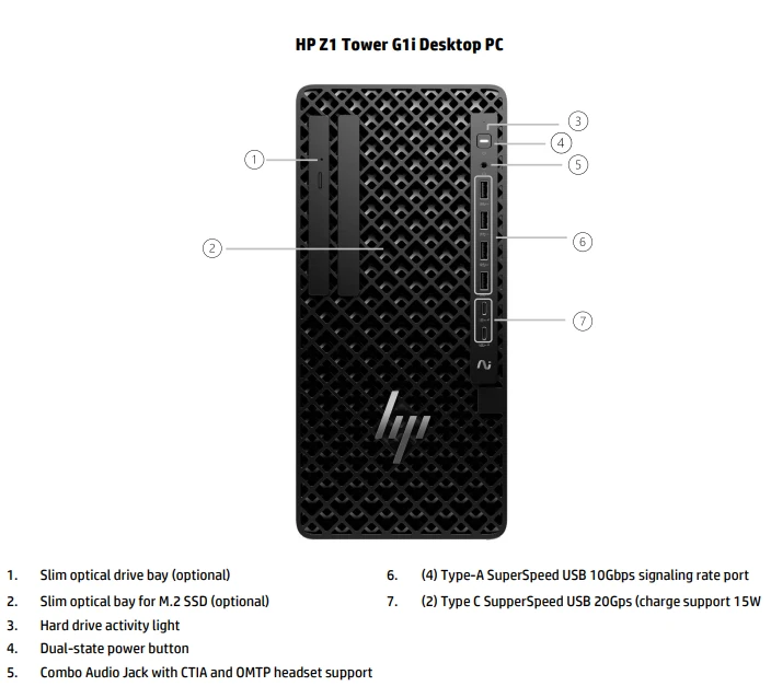 HP Z1 G1i Tower Workstation Desktop PC porty